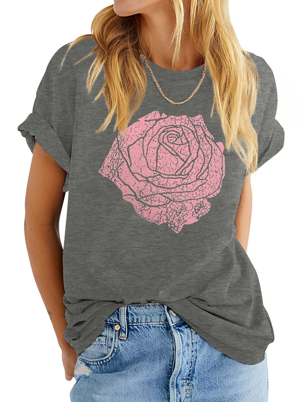Anbech Womens Cute Flower Graphic Tees Casual Boyfriend Tshirt Rolled Short Sleeve Loose Fit Tops (US Alpha Small Regular Regular Grey)